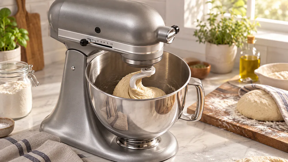 A dough hook working a ball of yeast bread dough inside a KitchenAid mixer bowl, dough climbing the hook and pulling from the sides.