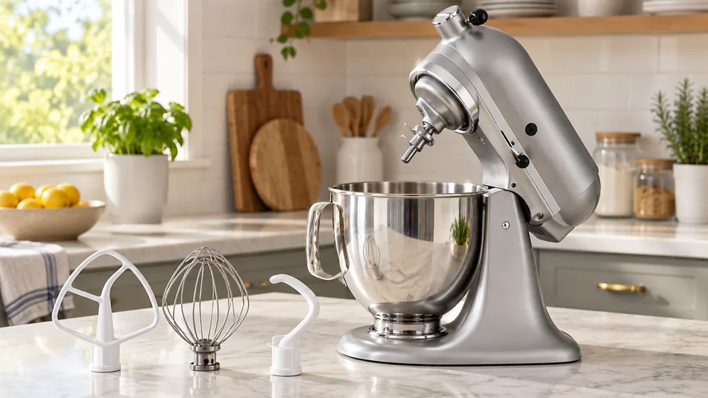 A KitchenAid tilt-head stand mixer on a counter with the head, speed lever, attachment hub, bowl, and flat beater each clearly visible.