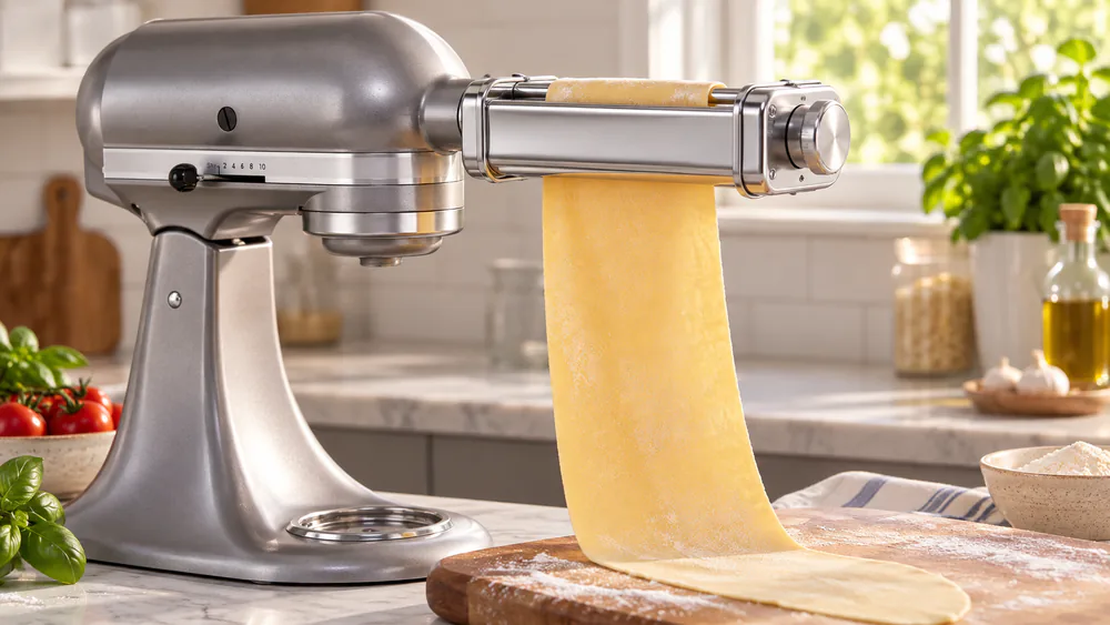 A pasta roller attachment mounted to a KitchenAid mixer hub feeding out a thin sheet of fresh pasta dough.