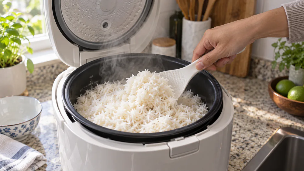 A rice-cooker pot of freshly cooked jasmine rice, grains separate and fluffed with a paddle standing upright in the center.