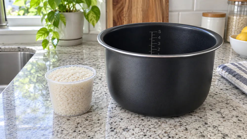 A rice-cooker measuring cup filled with dry white rice next to a nonstick inner pot showing engraved water fill lines.