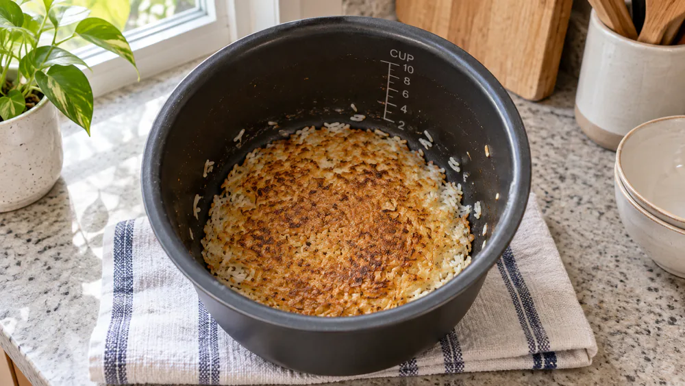 The bottom of a rice-cooker inner pot showing a thin browned crust of rice stuck to the nonstick surface after being left on keep-warm too long.