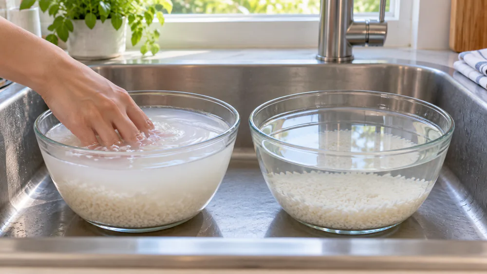 Hands swirling white rice in a bowl of cloudy water beside a second bowl where the rinse water has run nearly clear.