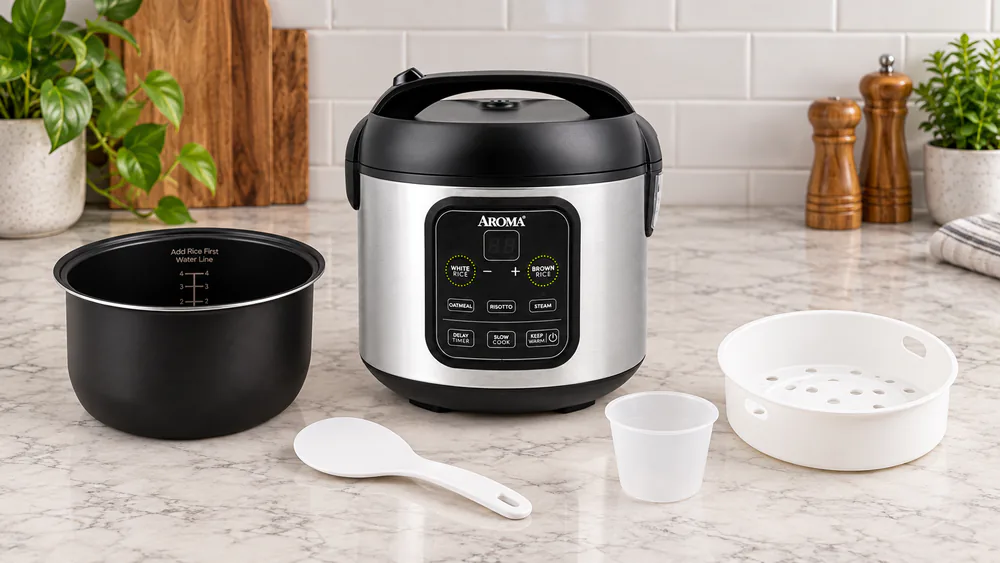An Aroma rice cooker with its lid, inner pot, steam tray, rice paddle, and plastic measuring cup laid out on a kitchen counter
