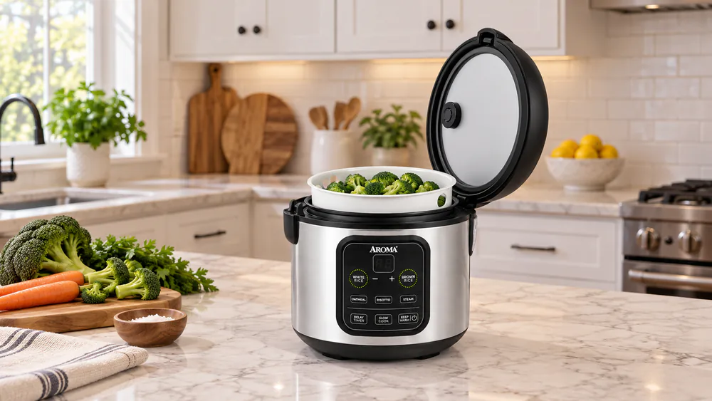 An Aroma ARC-994SB steam tray loaded with broccoli florets sitting over the inner pot with the attached lid open