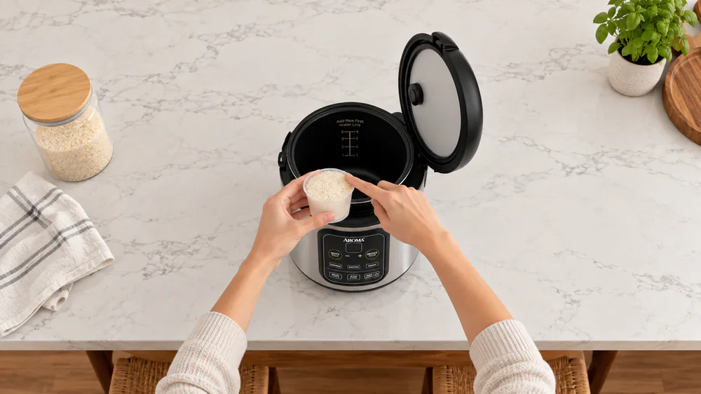A hand leveling a scoop of dry white rice in the clear plastic Aroma measuring cup over the open cooker