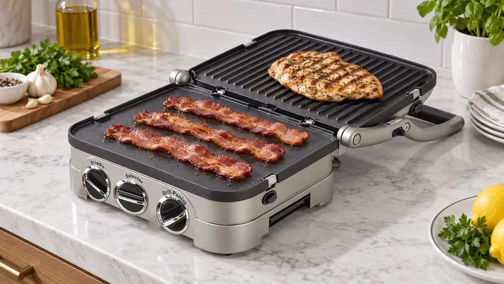 A Cuisinart Griddler open flat with bacon on the griddle plate on one side and grill marks forming on a chicken breast on the ridged plate beside it