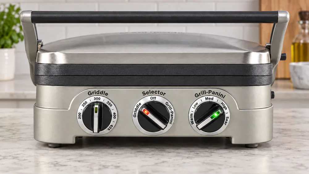 Close-up of the Cuisinart Griddler selector dial and two temperature knobs with the red power light and green ready light lit