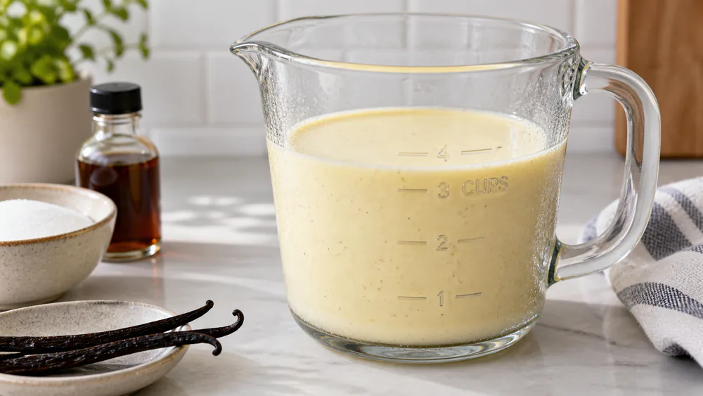 A pale yellow homemade vanilla ice cream base in a glass measuring jug filled to the 3-cup mark, condensation on the glass from being chilled.