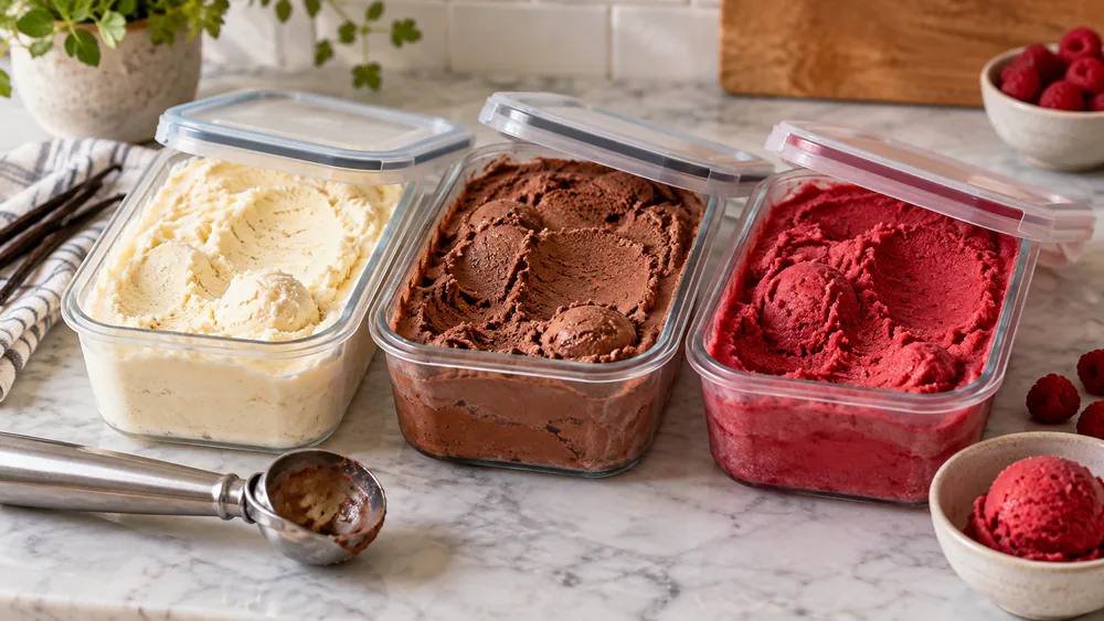 Three covered containers of homemade frozen dessert on a counter, one vanilla ice cream, one chocolate, and one bright fruit sorbet, ready for hardening in the freezer.