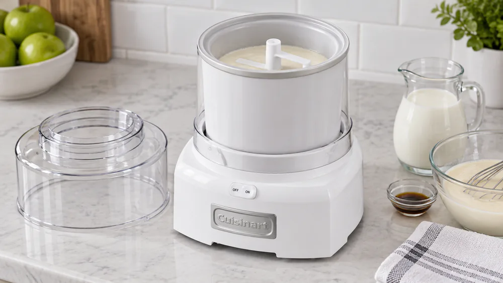 A too-thin, soupy ice cream base sloshing in a Cuisinart freezer bowl that failed to set, illustrating an under-frozen bowl or a warm base.