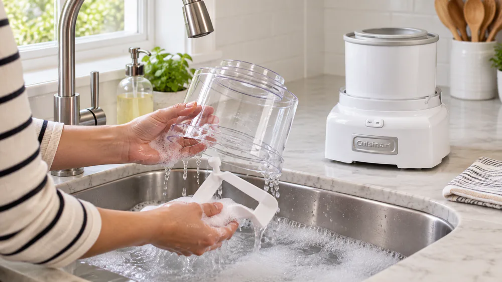 A Cuisinart ice cream maker paddle and easy-lock lid being hand-washed in a sink of warm soapy water, the motor base sitting dry on the counter nearby.