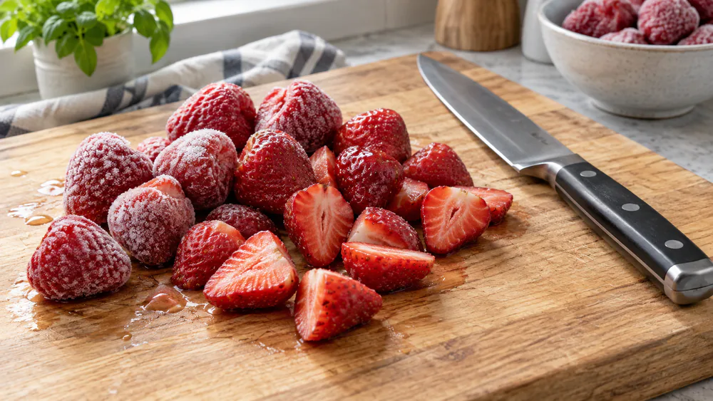 A pile of frozen strawberries partly thawed on a wooden cutting board next to a chefs knife, some pieces cut into smaller chunks.