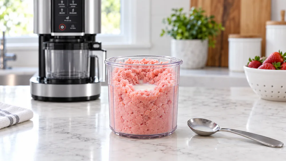 A hand adding a spoonful of milk to a spun Ninja Creami pint of crumbly fruit sorbet before pressing re-spin.