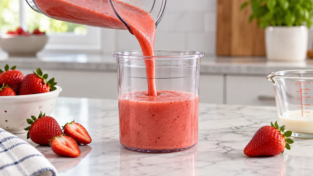 A Ninja Creami pint container on a counter being filled with a blended red fruit base below the max fill line.