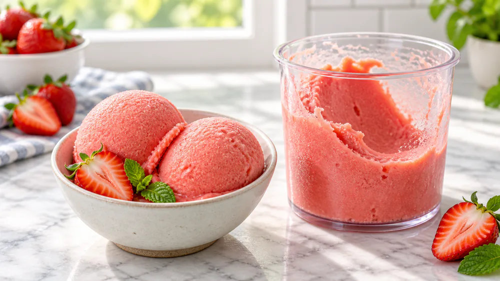 A bowl of smooth pink strawberry sorbet with two rounded scoops, made in a Ninja Creami, garnished with a fresh strawberry.