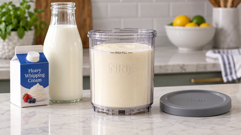A Ninja Creami Swirl 2-in-1 pint filled with a cream-colored base up to the Max Fill line, beside the milk and cream used to make it.