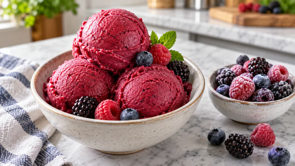 A bowl of smooth berry sorbet made in the Ninja Creami Swirl, with a small dish of frozen berries beside it.