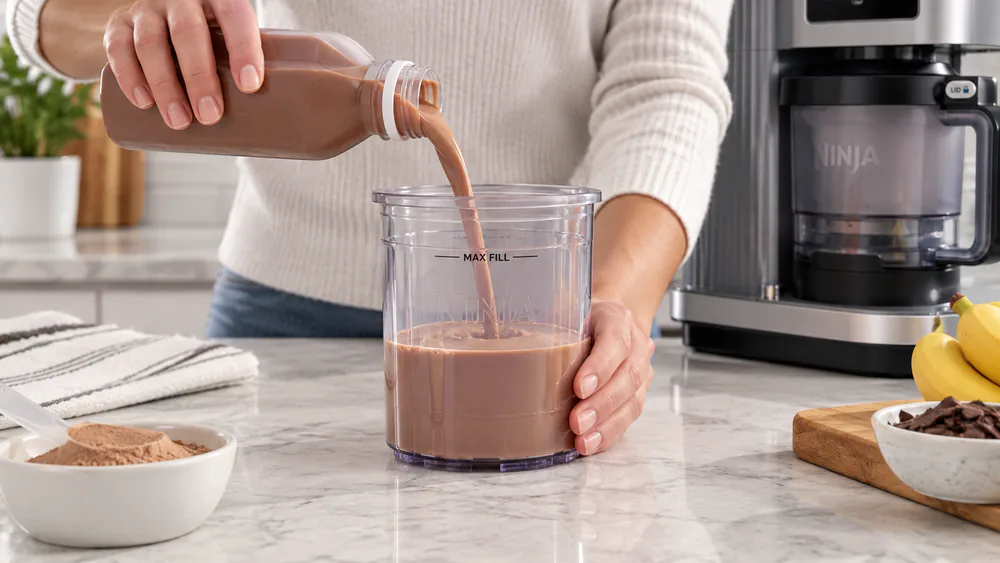 An ultra-filtered protein shake being poured into a Ninja Creami Swirl pint up to the Max Fill line.