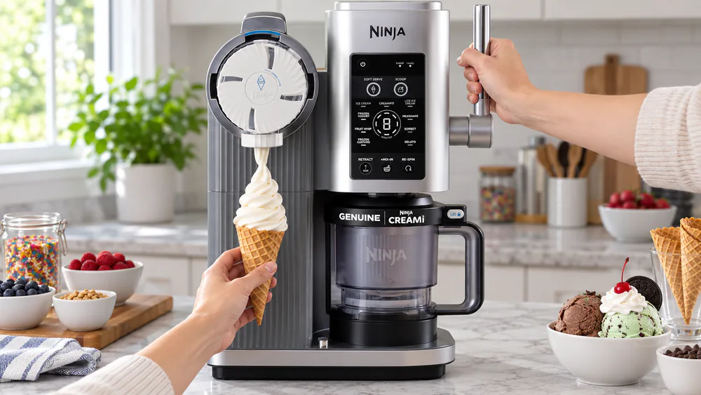 A hand pulling the Ninja Creami Swirl's soft serve handle as a swirl of vanilla soft serve coils into a waffle cone below the nozzle.