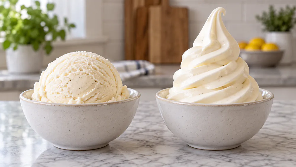 Two bowls on a kitchen counter: one with a scooped dome of ice cream from the Ninja Creami Swirl and one with a soft serve spiral.