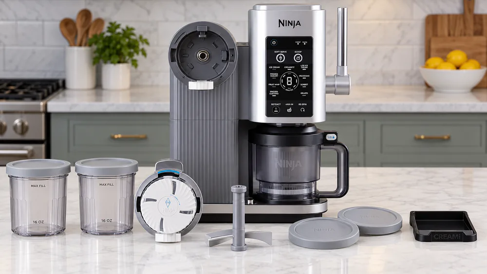 The Ninja Creami Swirl motor base on a kitchen counter beside two 2-in-1 pints, the Creamerizer paddle, the dispensing lid, and the drip tray laid out from the box.