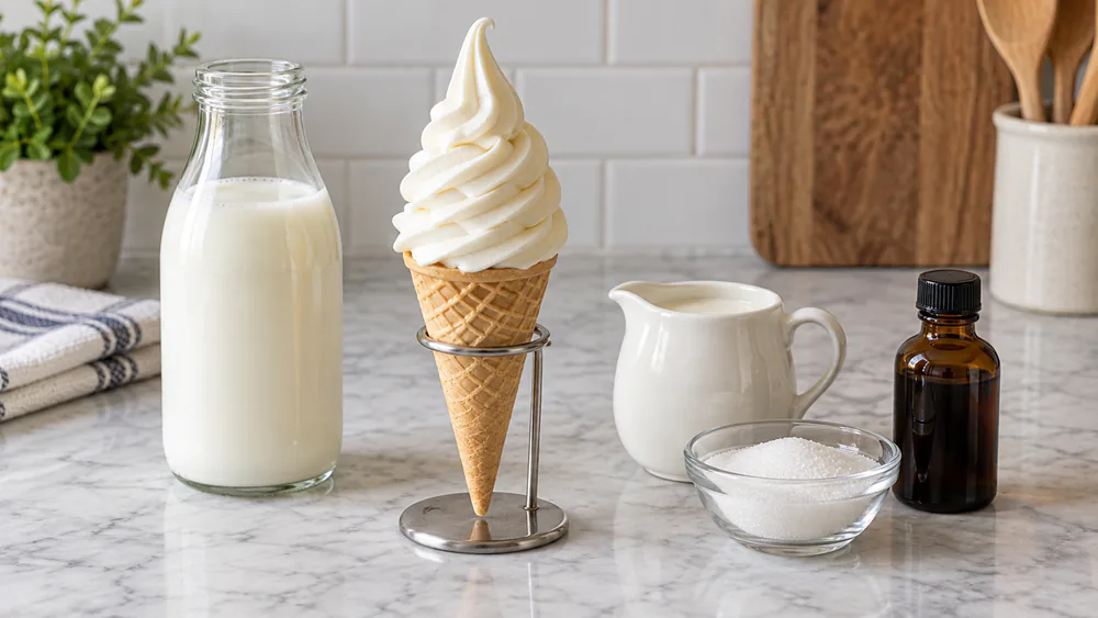 A vanilla soft serve cone from the Ninja Creami Swirl held next to a countertop carton of milk, cream, sugar, and vanilla extract.