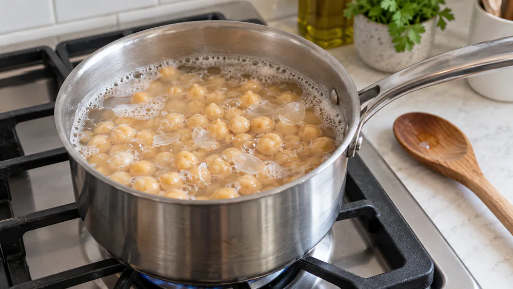 Canned chickpeas simmering in a small pot of water with loosened skins floating to the surface.