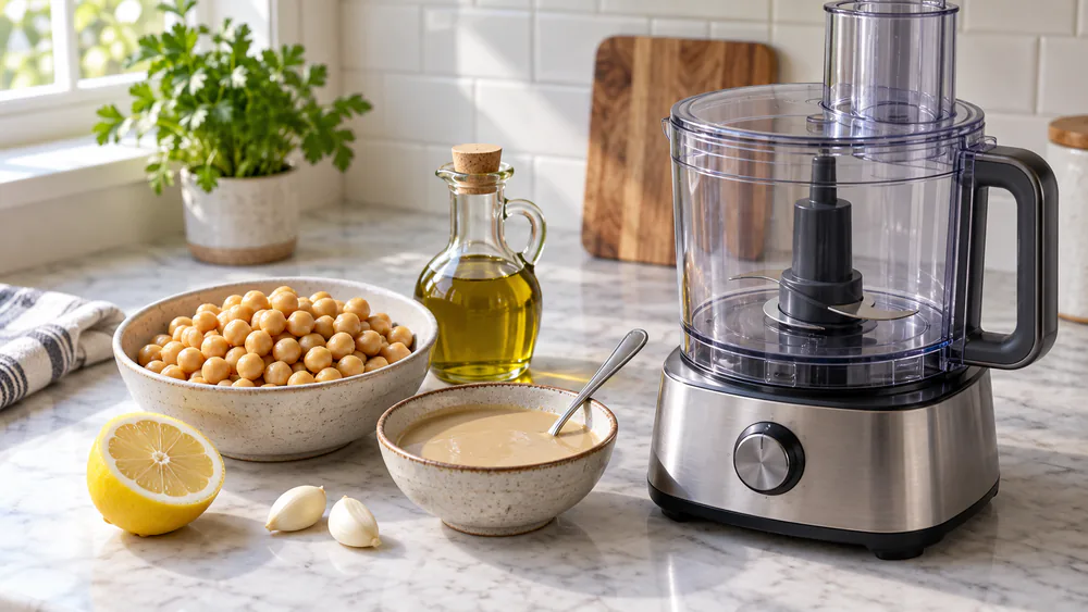 Chickpeas, tahini, a halved lemon, garlic cloves, and olive oil arranged next to a food processor on a kitchen counter.