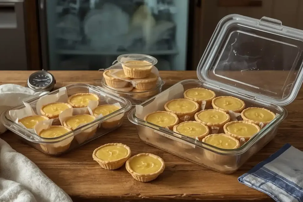 Mini baby lemon impossible pies arranged on a wooden table with some stored in airtight containers and others frozen in freezer-safe bags, showcasing fresh and frozen dessert storage methods.