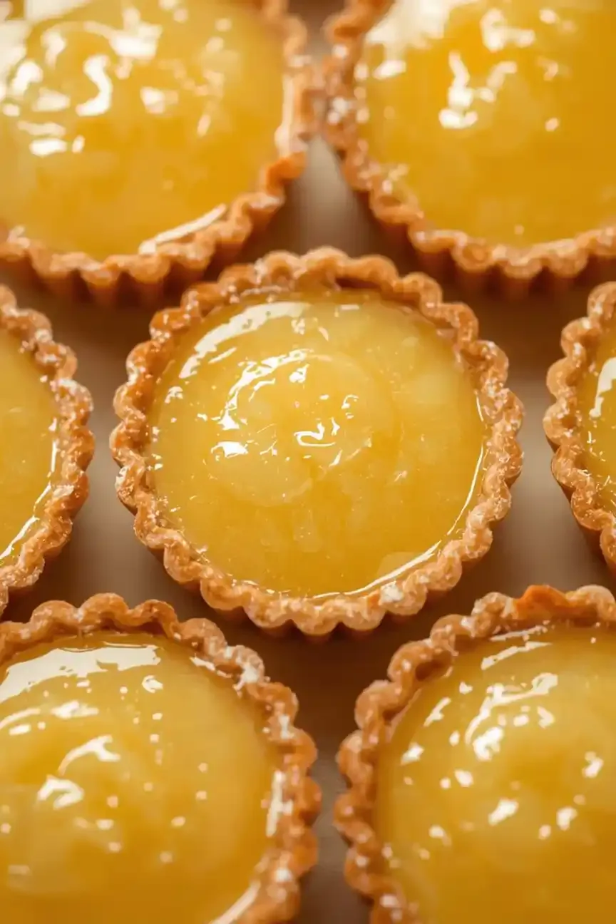 Close-up of baby lemon impossible pies with golden crusts and creamy lemon custard centers in white cupcake liners, lightly dusted with powdered sugar.