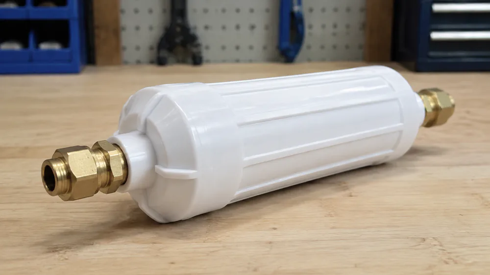 Close-up of the two 1/4 inch brass compression connectors on a Watts inline water filter cartridge resting on a workbench.