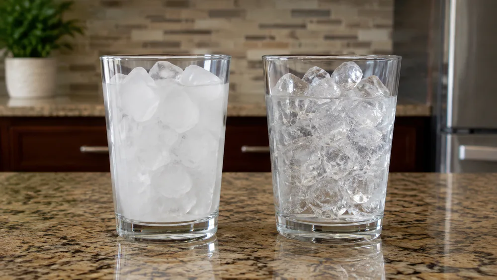 Two glasses of refrigerator ice side by side on a counter, one cloudy from unfiltered water and one clear from filtered water.
