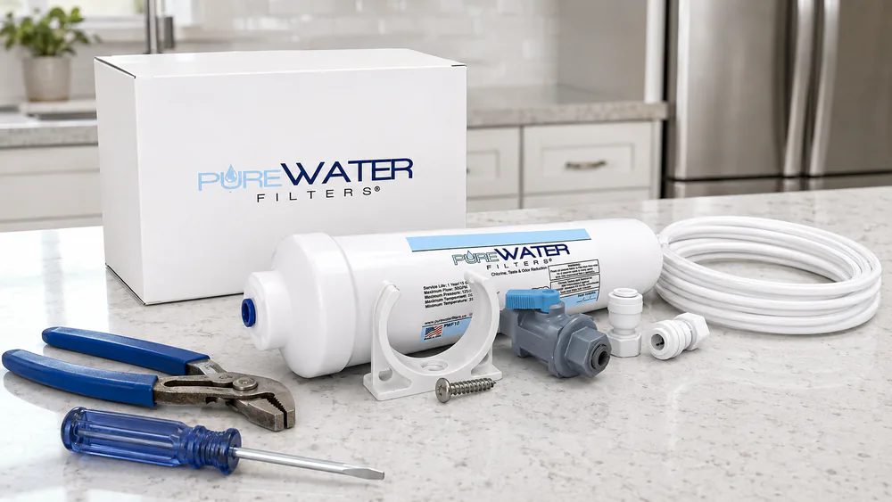 An inline refrigerator filter kit laid out on a kitchen counter with push-to-connect fittings, a coil of quarter-inch tubing, pliers, and a screwdriver.