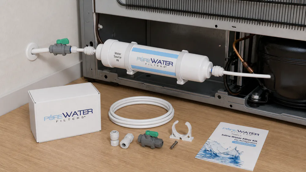 An inline water filter spliced into the 1/4 inch plastic supply line behind a pulled-out refrigerator, push-to-connect fittings on both ends.