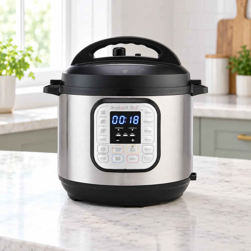 Instant Pot Duo 6-quart multicooker shown on a kitchen counter.