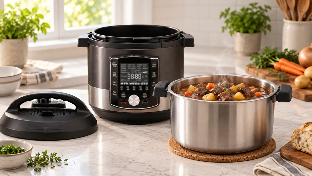 The Instant Pot Pro stainless inner pot resting safely on a trivet by its silicone side handles, steam rising from finished beef stew.