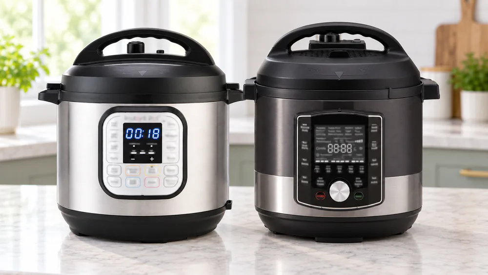 Close-up of the Instant Pot Pro backlit control panel showing cooking progress and pressure level next to the simpler Duo LCD display.