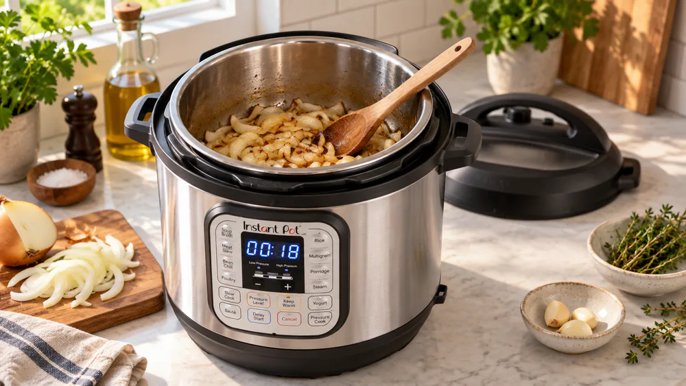 Onions browning in the stainless steel inner pot of a 6-quart Instant Pot Duo, wooden spoon stirring, before pressure cooking a stew.