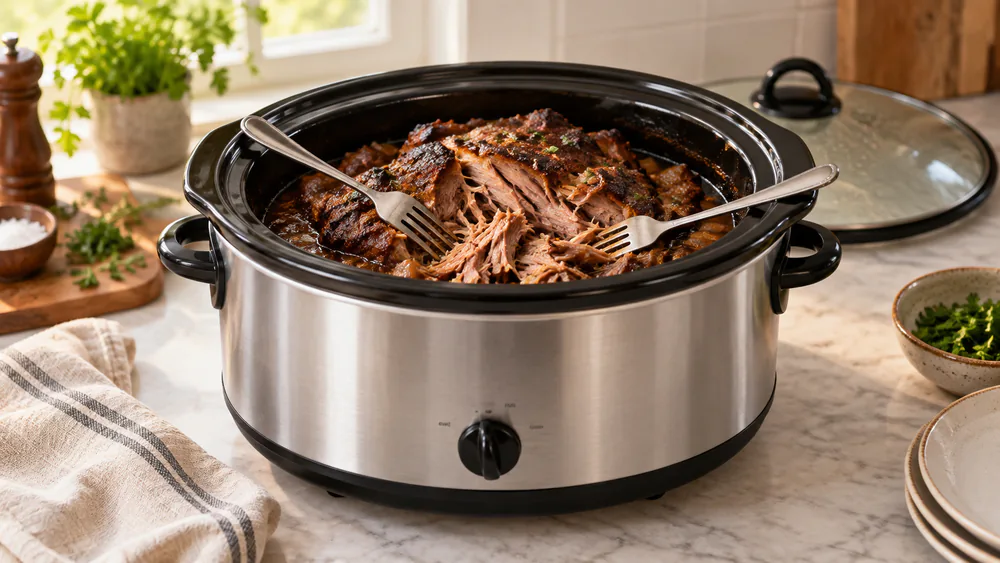 A 7-quart Crock-Pot slow cooker with a fork pulling apart a fall-apart pork shoulder after eight hours on low.