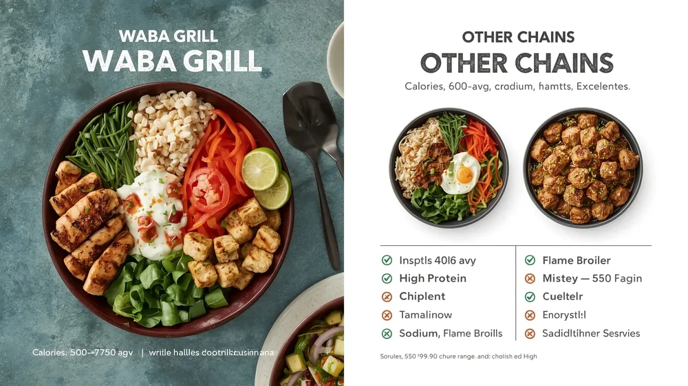 Comparison of WaBa Grill healthy grilled chicken protein bowl with vegetables, tofu, and lime against other fast-casual restaurant bowls including Chipotle and Flame Broiler, highlighting fresh ingredients and nutritional benefits in a side-by-side visual chart.