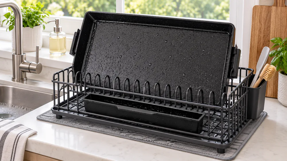 The Kalorik MAXX 16-ounce drip tray and griddle plate on a dish rack after cleanup