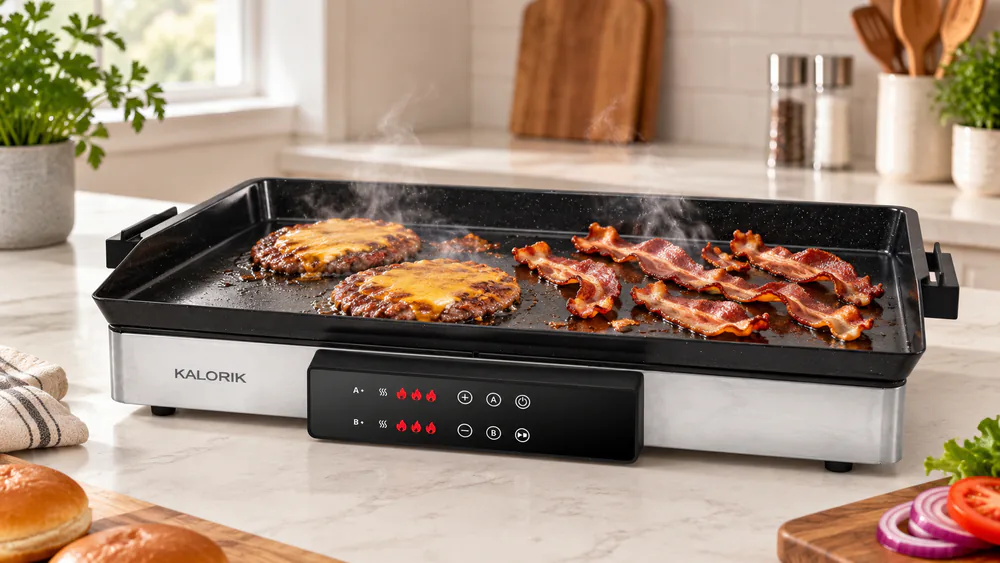 Smash burgers and strips of bacon cooking side by side on the Kalorik MAXX griddle plate