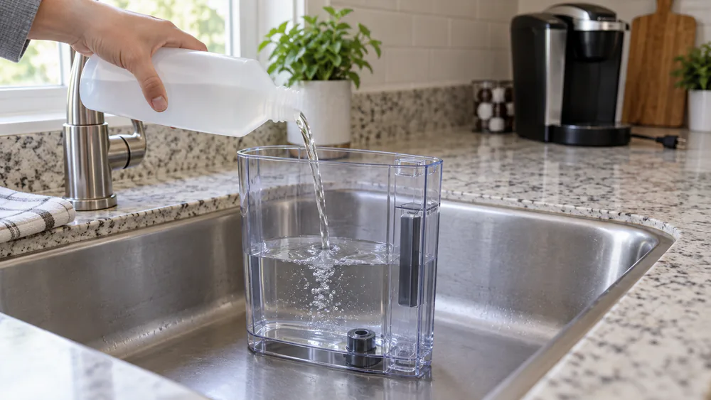 A bottle of Keurig Descaling Solution being poured into a Keurig water reservoir.