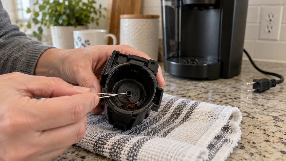 A paper clip clearing grounds from the exit needle inside a Keurig K-Cup holder.