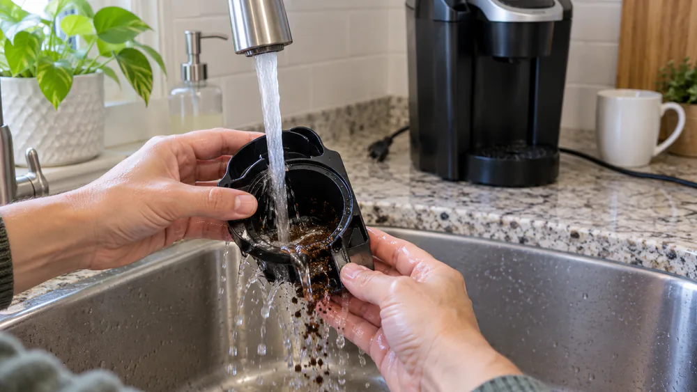 A Keurig K-Cup holder being washed under running water.