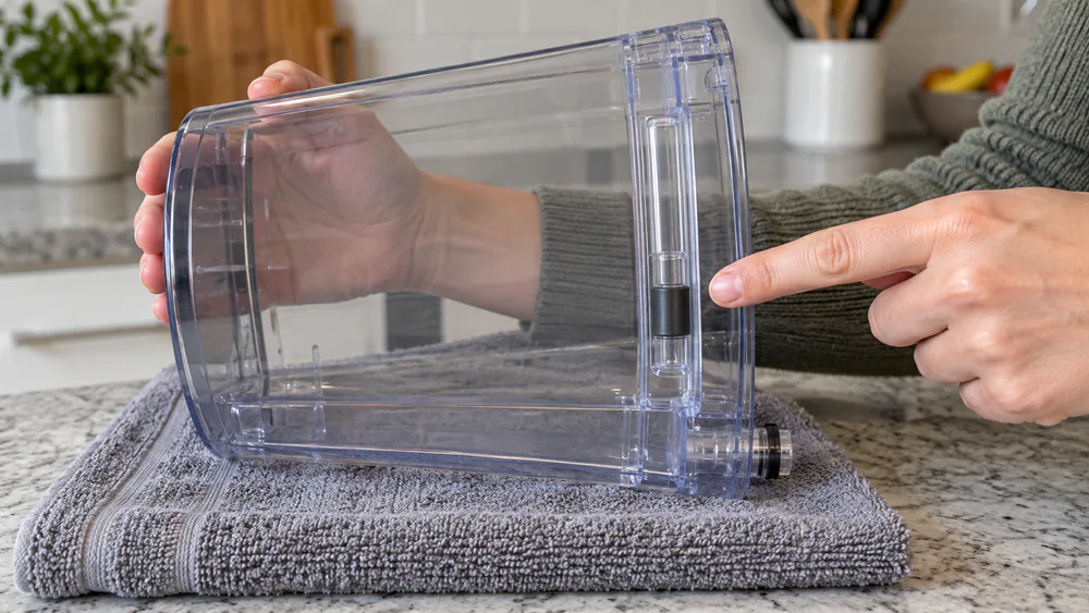A Keurig water reservoir tipped upside down, magnetic float in view.