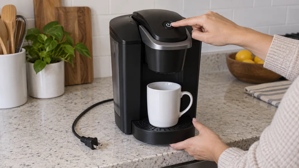 A hand pressing the power button on a Keurig control panel, machine unplugged.