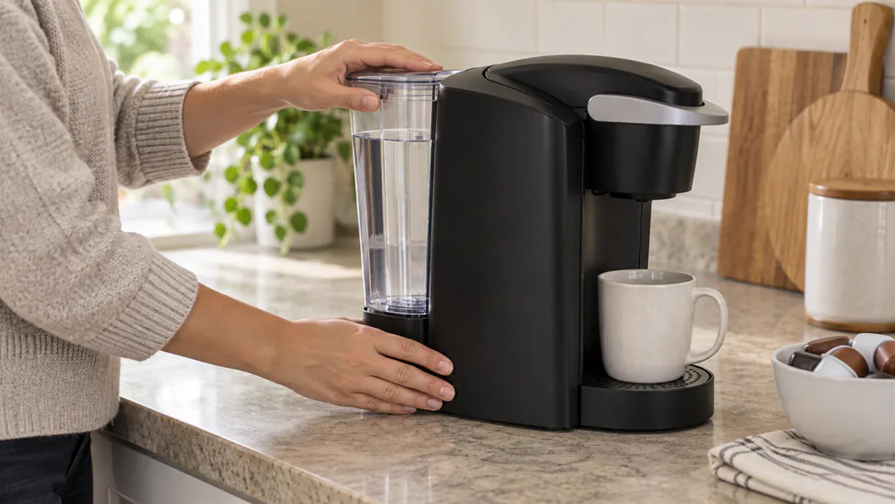 A hand pressing a Keurig water reservoir down onto its base.