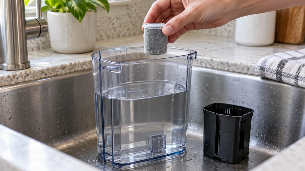 A Keurig charcoal water filter cartridge held above a filled reservoir.